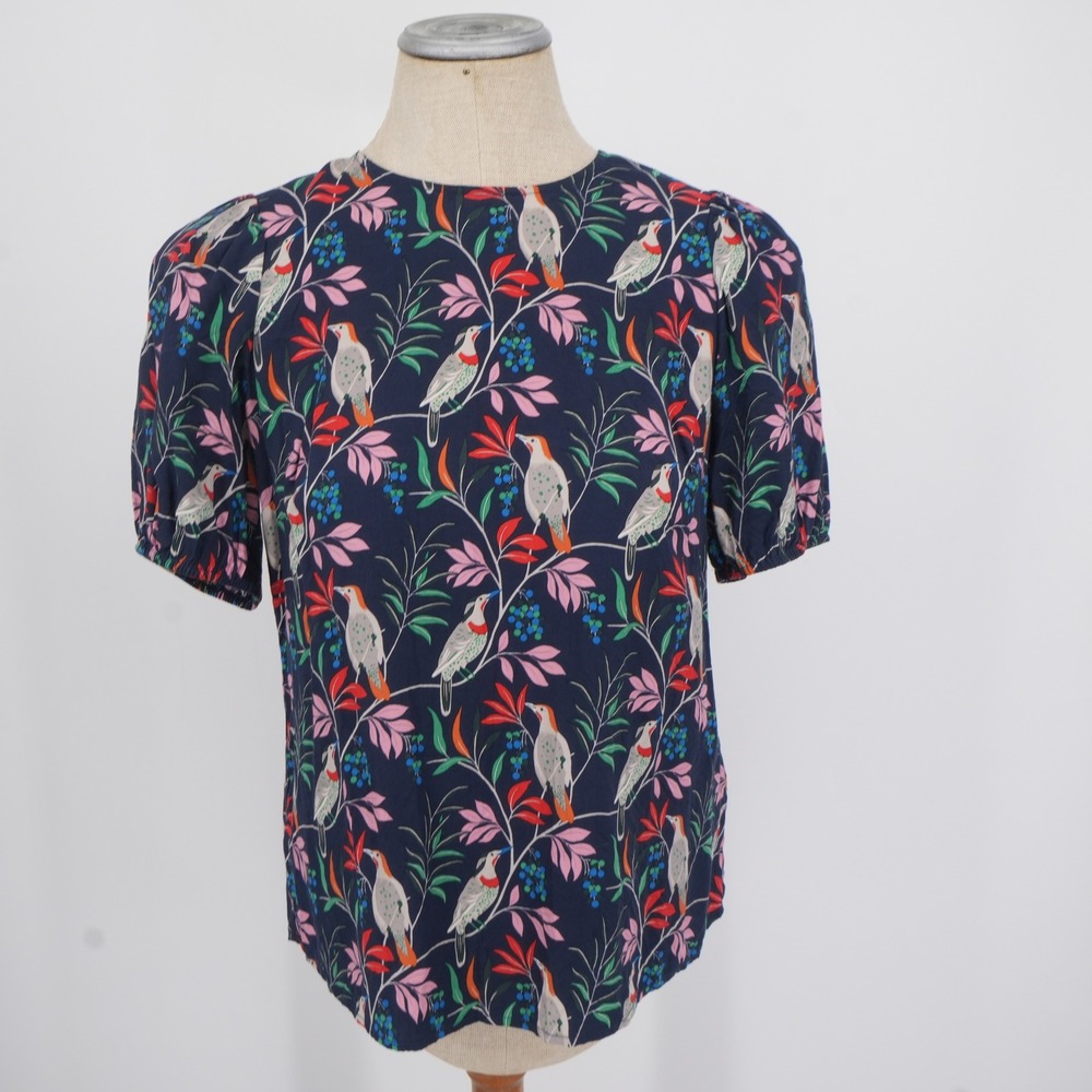 Boden Bird Print Blouse Womens 2 Navy Silk Blend Puff Sleeve Whimsical Botanical